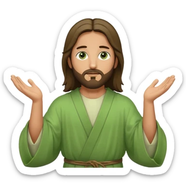 Jesus, green eyes, light green robe. opening arms, gazing thoughtfully. Soft light, subtle fern. Waist-up, profile. sticker