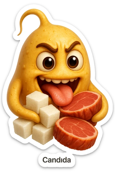 emoji stile iphone realistica di un batterio della candida con espressione affamata che si nutre di zollette di zuccheri e fettine di carne, IPERREALISTICO 4K sticker