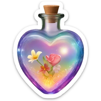 Antique oil heart bottle made of crystal glass of all gentle colors of the light rainbow, a living flower fairy sits at the bottom of the bottle sticker