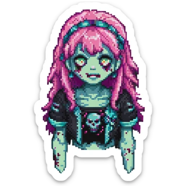girl zombie with bright pink hair and bangs pixel art sticker