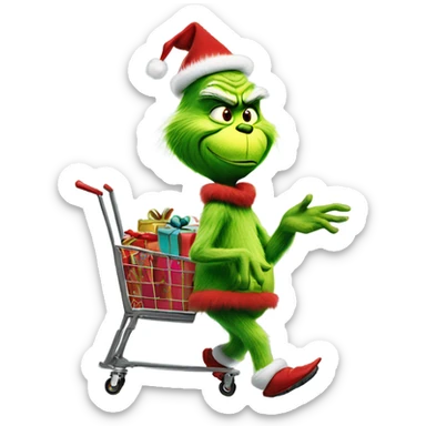 The grinch walking with a cart of presents  sticker