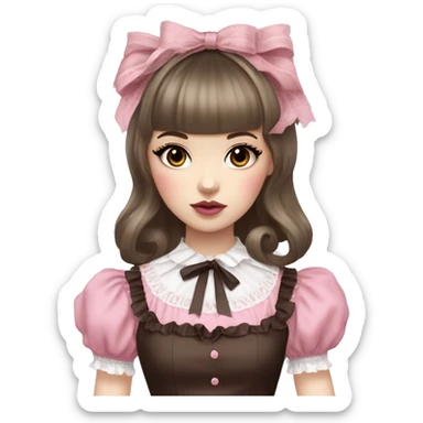 pale woman with short brown hair and bangs, pink lips and eyeshadow, long eyelashes, brown eyes, pink Lolita dress with laces and ribbons, gothic Lolita doll look sticker