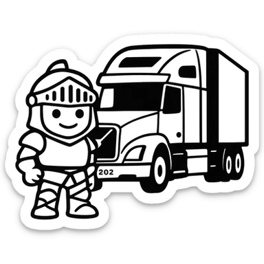 Make Casper the knight smaller, about the same size as the white semi truck, cartoon style, keep transparent background. sticker