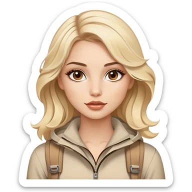 Luxury blonde model, brown eyes, luxury makeup, sleek wavy beige-blonde hair, hiking outfit sticker