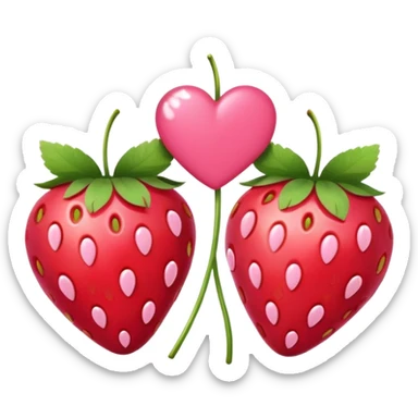 Two strawberries with a pink bow on the stem, with a pink background and white hearts sticker