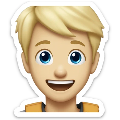 blond cute boy with blue eyes laughing with a malinois sticker