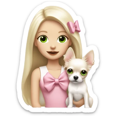 pale blond girl with long platinum hair with green eyes holding a white chihuahua puppy that wearing a pink bow sticker