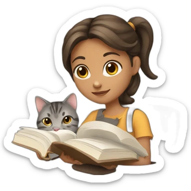 Brown hear Girl working with books and a gray tabby cat sticker