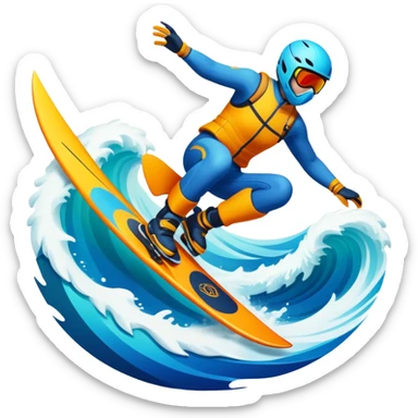 An emblematic symbol featuring a stylized figure in mid-action, representing extreme sports. The design incorporates dynamic lines and bold shapes, with elements like mountains, waves, and flying objects, capturing the thrill and adrenaline of various extreme sports in a single, unified icon. sticker
