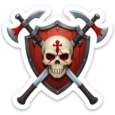 Dark horror shield badge, skull, blood stains, crossed bloody dagger and axe, gothic style, no background sticker