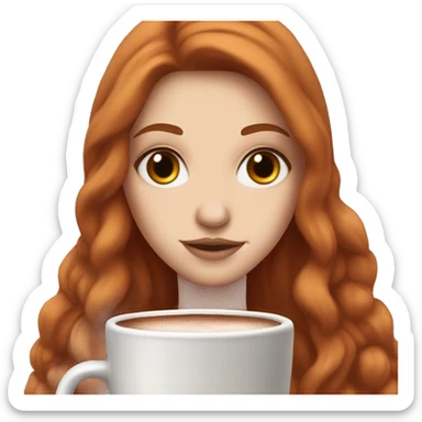 white girl with red long hair and brown eyes and a hot chocolate sticker