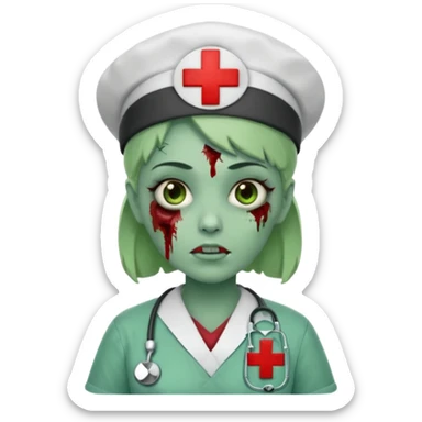 Zombie nurse in scrubs, red cross hat, green skin sticker