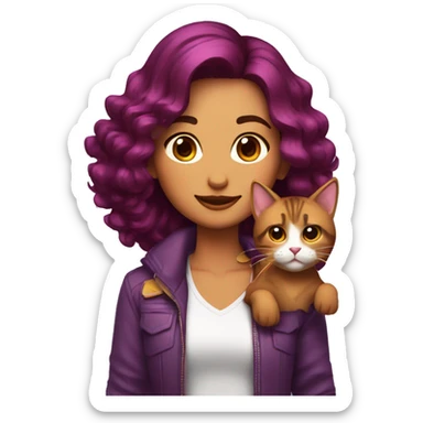 chica con pelo marron y mechas moradas con un gato sticker