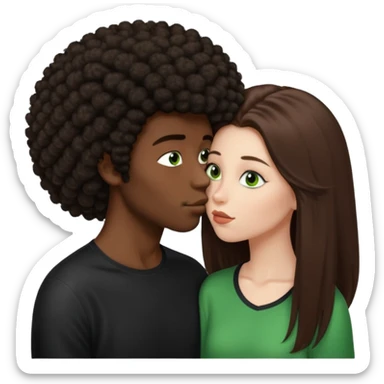girl with long brown straight hair and green eyes kissing dark boy with afro and big nose sticker