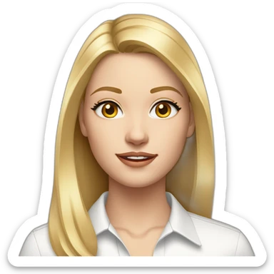 young woman with grey eyes and straight shoulder length blonde hair wearing a white button up and golden hoop earrings sticker