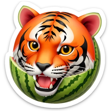 Half sliced watermelon with an orange and black striped tiger head growling sticker