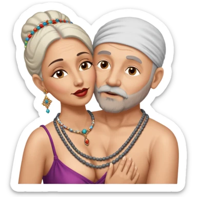 A man in his 60s balding with a grey beard passionately kissing the vagina  of an Indian woman in her 40s wearing a beads chain with here cleavage visible and embracing the man sticker