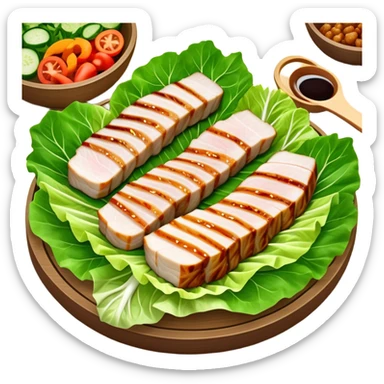 Samgyeopsal Cinematic Realistic Samgyeopsal Dish Emoji, depicted as slices of grilled pork belly served in crisp lettuce leaves with assorted fresh vegetables, rendered with dynamic textures and appetizing, natural lighting. sticker