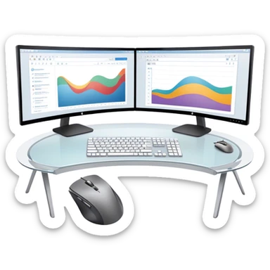 Create an emoji for UX/UI design. Show two large curved monitors displaying UX/UI design interfaces. Include a mouse, keyboard, and stylus next to the screens. Use modern, professional colors. Do not include any emojis or smiley faces. Make the background transparent. sticker
