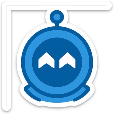 Recreate the Main Assembly Steam icon in a minimalistic, flat blue style consistent with previous icons. Use almost exclusively shades of blue for the round robot head, with a blue outline and blue details. The face should have two simple white chevron shapes for eyes. Keep the style clean and simple, with a fully transparent background, minimal use of other colors, and prioritize clarity and recognizability. sticker