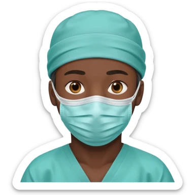 A dark-skinned man with brown eyes, wearing a teal surgical cap and face mask. sticker