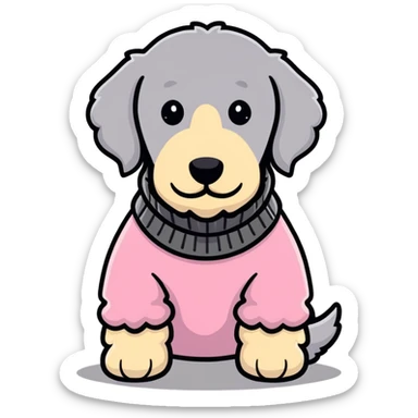 Golden doodle grey dog wearing a pink sweater sticker