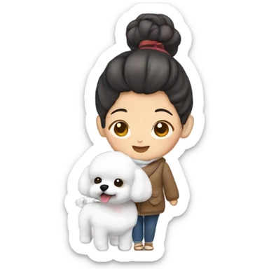Hair-in-a-bun traveling Asian woman carrying a happy and cute Korean-style bichon frise sticker