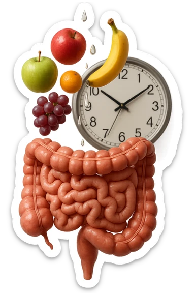 frutta mista cade dall'alto verticalmente insieme a 3 gocce di acqua 3d e un orologio da parete, davanti a questi elementi c'è un intestino umano anatomico iperrealistico sticker