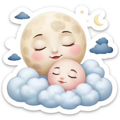 Cinematic adorable moon with a sleepy face, round and chubby, soft glowing light, tiny rosy cheeks, resting on a bed of fluffy clouds, dreamy and peaceful. sticker