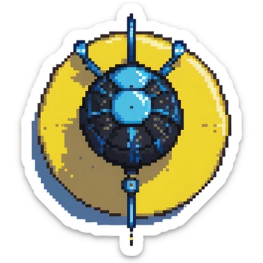 Blue digital bomb with blue antenna-like fuse at the top, round black bomb body with blue accents, pixel art style sticker