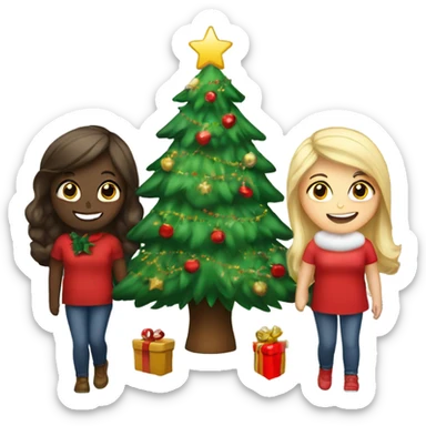 A Christmas tree that says “besties “ with three girls , 2 brunettes and a Blonde next to the tree  sticker