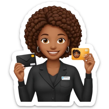 Black company card with black woman photo on it sticker