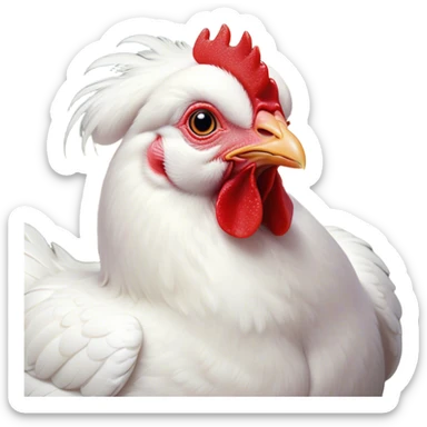 Cinematic Cute White Chicken Portrait Emoji, Head tilted playfully and inquisitively, featuring smooth, immaculate white feathers and a delicate red comb, round, sparkling beady eyes filled with curiosity, Simplified yet irresistibly adorable features, highly detailed, glowing with a warm, friendly glow, high shine, affectionate and lively, stylized with a touch of farmyard whimsy, bright and endearing, soft glowing outline, capturing the essence of a mischievous yet loving chicken, so playful it feels like it could peck out of the screen and into your arms! sticker