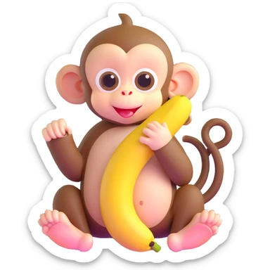 ultra cute baby monkey with enormous adorable eyes peeling a banana, pastel colors sticker