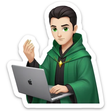 male wizzard with dark hair, slick back hairstyle, green eyes, dark robe green aura coding on laptop sticker