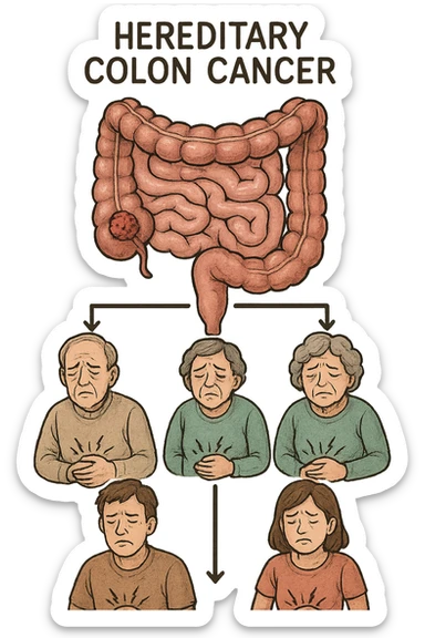 UNA SFILZA DI PARENTI TUTTE MALATE DI CANCRO AL COLON, SI TRAMANDO IL CANCRO NELLE GENERAZIONI, INTESTINO ANATOMICO VISIBILE ED ESPRESSIONE DI DOLORE IN VOLTO, MAL DI PANCIA sticker