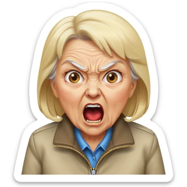 angry old lady with blonde hair and a jacket, yelling expression sticker