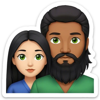 Asian woman with black long hair together with European guy who has black beard and green eyes  sticker