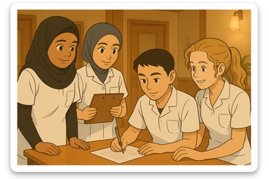 Personnaliser les quatre étudiants infirmiers, style Ghibli, travaillant ensemble à l'intérieur, en utilisant les visages des quatre photos fournies, tenues blanches à manches courtes, hauts type tunique médicale col en V, poche poitrine à gauche, pas de pied de col, pas de stéthoscopes, avant-bras nus, cheveux longs attachés pour celles qui en ont. Interaction visible, décor intérieur de centre de soins. sticker