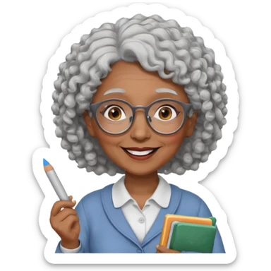 old woman teacher, brown skin, curly grey white hai, wearing glasses, hold chalk on hand sticker