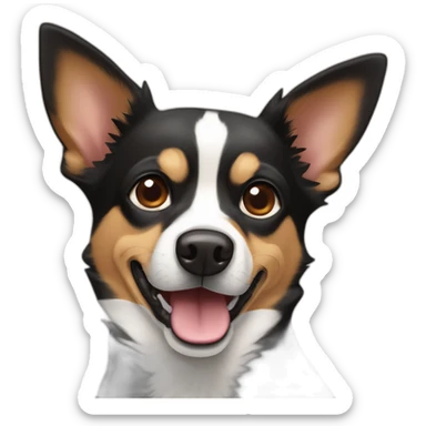 black and brown mutt dog with small german shephard head but larger chihuahua eyes and large overbite with left upper sharp canine tooth a crooked and sticking out mouth sticker