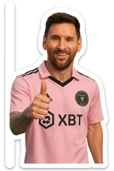Messi in Miami soccer uniform, realistic style, giving a thumbs up, smiling, pink jersey, no background sticker