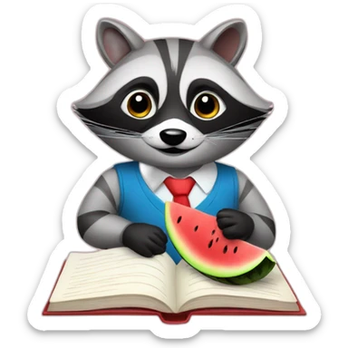 raccoon teacher with a book and a watermelon sticker