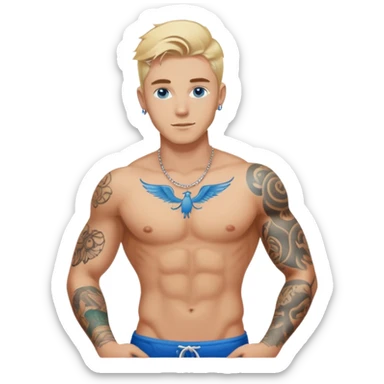 Handsome shirtless blonde hair and blue eyes white guy with body tattoos sexy pose sfw sticker
