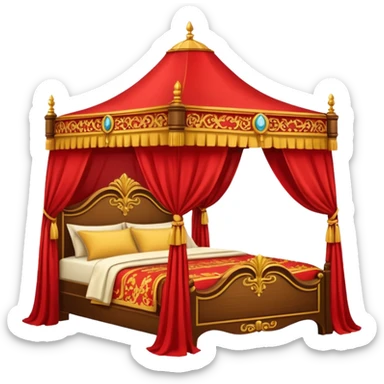 bed with red and gold sheets, wooden, canopy sticker