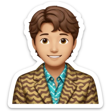 Design a Korean male idol with wavy brown hair, patterned jacket & cheerful smile, inspired by V of BTS. sticker