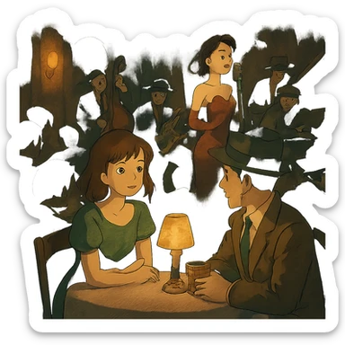 1940s jazz nightclub scene, ghibli style, moody lighting, no text sticker