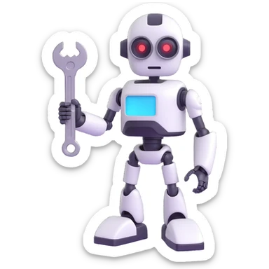 A 3D robot with a broken arm, holding a wrench, with a sad face sticker