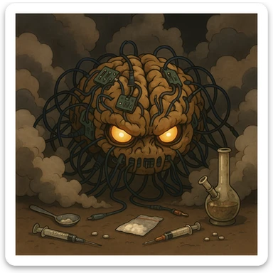 a menacing AI brain with wires and circuits, eyes glowing, surrounded by clouds of smoke and scattered drug paraphernalia, ghibli-inspired style sticker