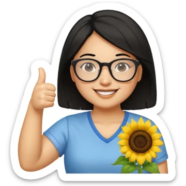 Make my biology teacher shes light brown, wears glasses, female, fat, sunflower shirt under and make her give 1 thumbs up and she has black hair and chubby sticker